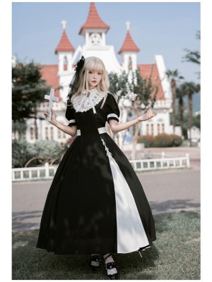 Church Style Contrast Color OP Detachable Embroidered Fake Collar Lolita Dress