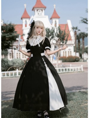 Church Style Contrast Color OP Detachable Embroidered Fake Collar Lolita Dress