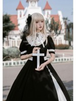 Church Style Contrast Color OP Detachable Embroidered Fake Collar Lolita Dress