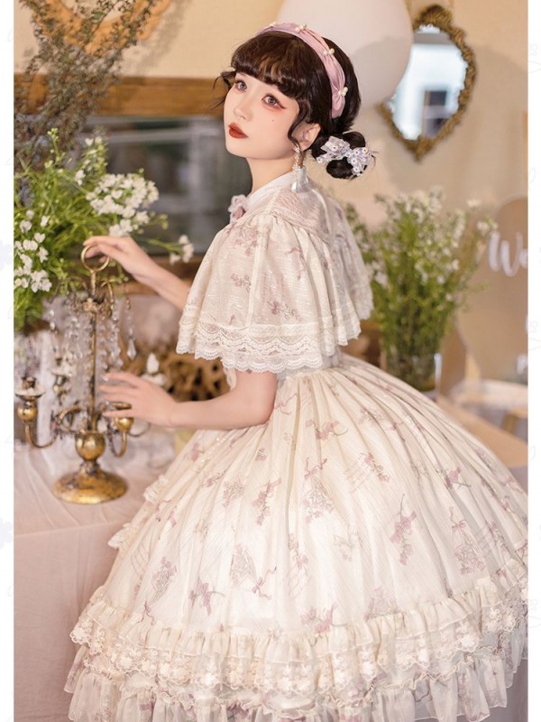 Sweet Edwardian Neckline Bluebell Print OP Lolita Short Dress