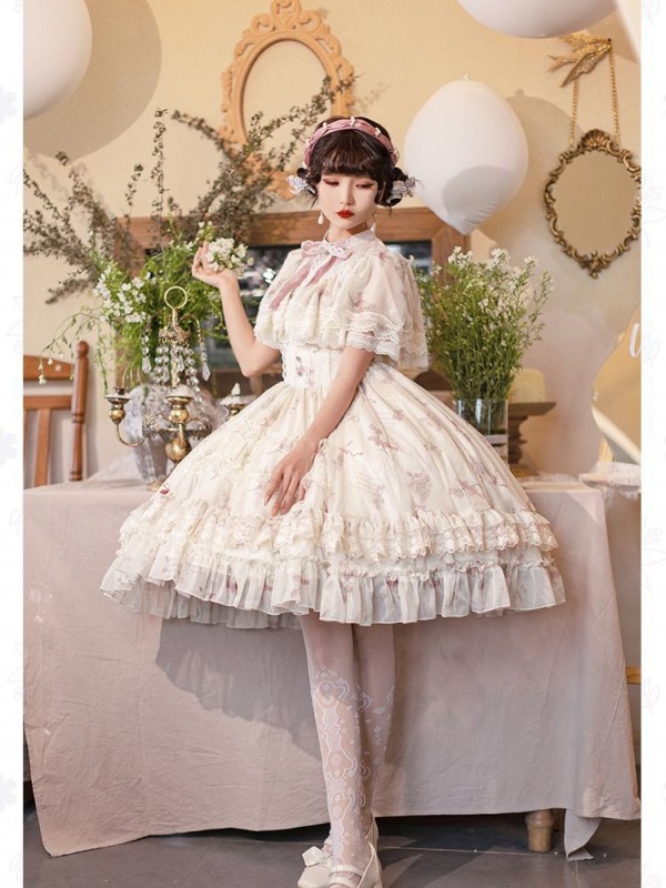 Sweet Edwardian Neckline Bluebell Print OP Lolita Short Dress