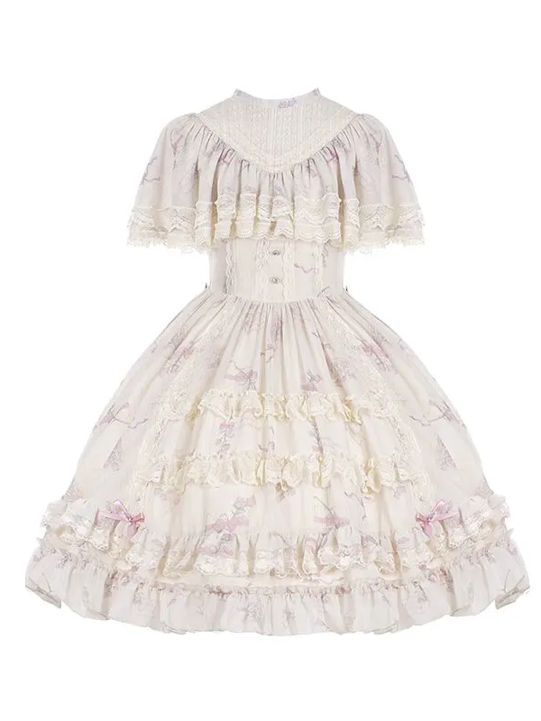 Sweet Edwardian Neckline Bluebell Print OP Lolita Short Dress