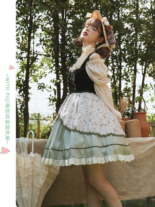 Fresh Country Style Embroidery Print JSK Suspender Skirt