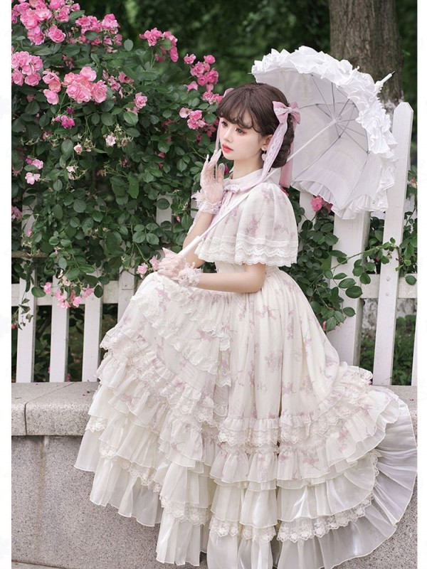 Sweet Edwardian Neckline Bluebell Print OP Lolita Dress