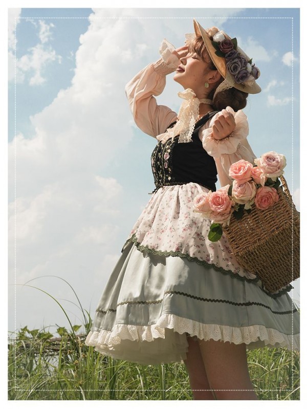 Fresh Country Style Embroidery Print JSK Suspender Skirt