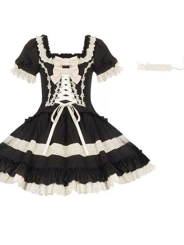 Sweet Gothic Black Square Neck Babydoll Short Lolita Dress