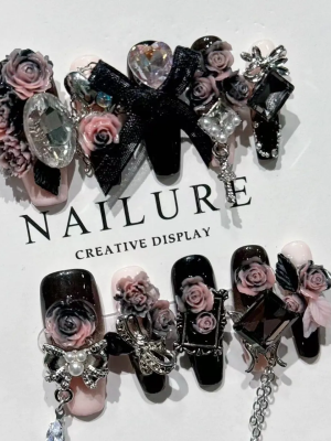 Black and Pink Rose Butterfly Wearable Nail Art