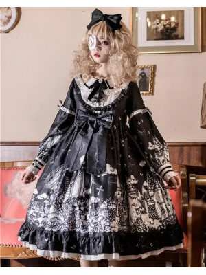 Gothic Lolita Black Long Sleeve Printed OP Dress