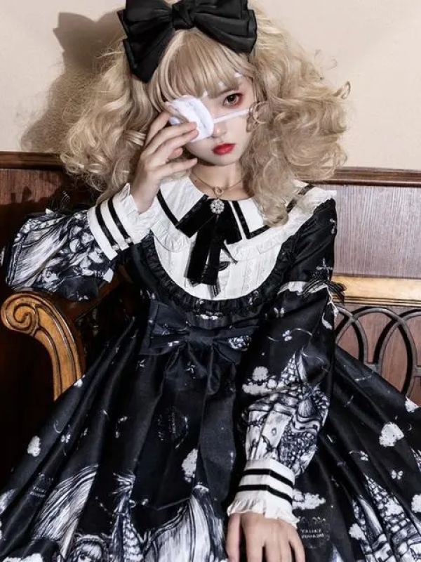 Gothic Lolita Black Long Sleeve Printed OP Dress