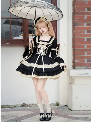 Sweet Gothic Black Square Neck Babydoll Short Lolita Dress