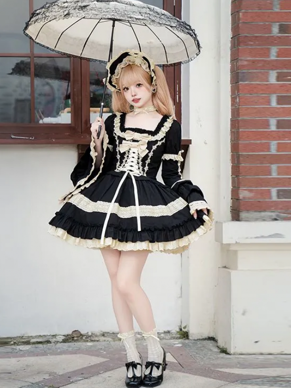 Sweet Gothic Black Square Neck Babydoll Short Lolita Dress