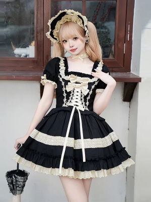 Sweet Gothic Black Square Neck Babydoll Short Lolita Dress