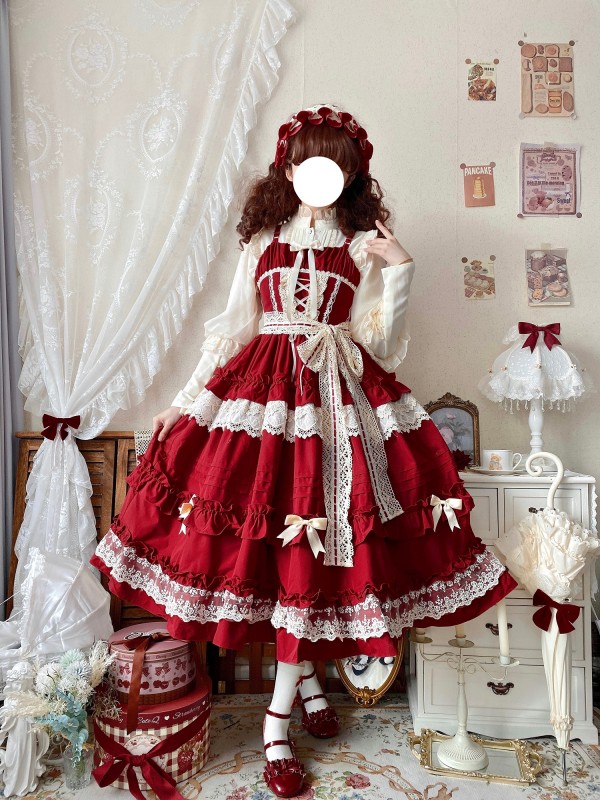 Red Long Lolita Skirt Sweet And Elegant JSK Suspender Dress