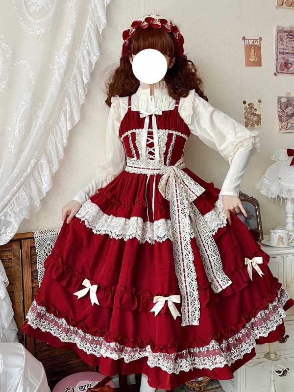 Red Long Lolita Skirt Sweet And Elegant JSK Suspender Dress