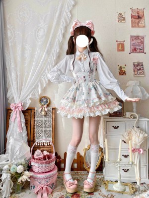 Printed Cake Skirt Lace Waist Tutu Skirt Lolita Suspender Skirt