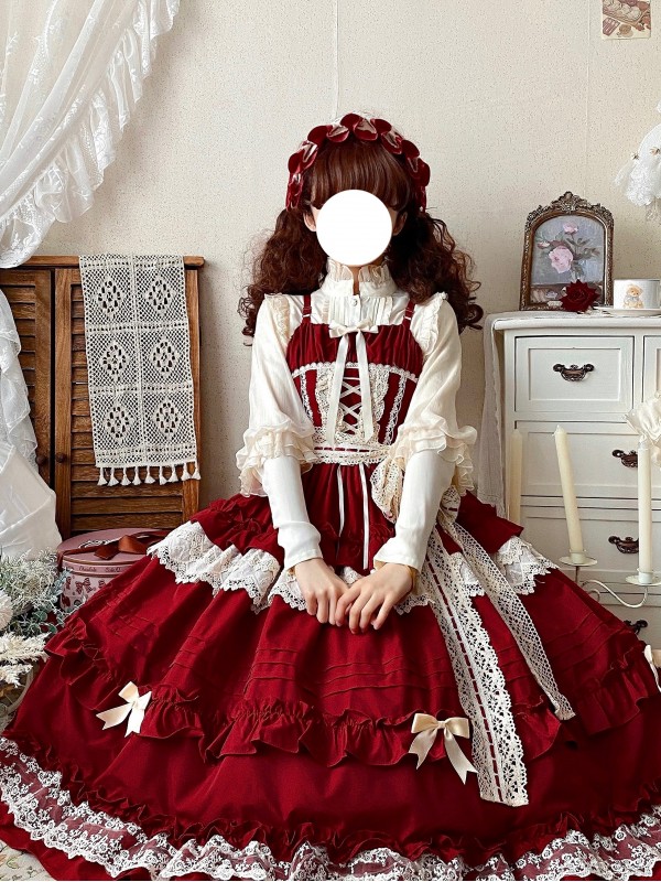 Red Long Lolita Skirt Sweet And Elegant JSK Suspender Dress