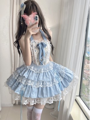 Blue Sweet Ballet Style Lolita Lace Bra Skirt Set