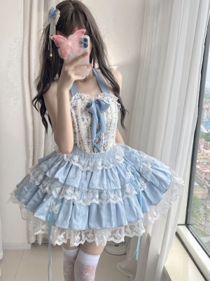 Blue Sweet Ballet Style Lolita Lace Bra Skirt Set