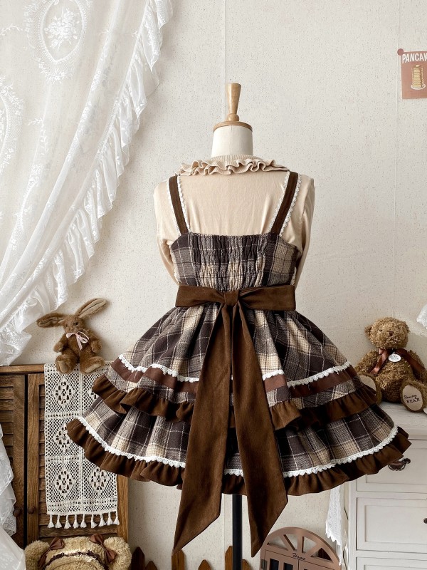 Cute Bow Lolita Dress JSK Plaid Suspender Skirt