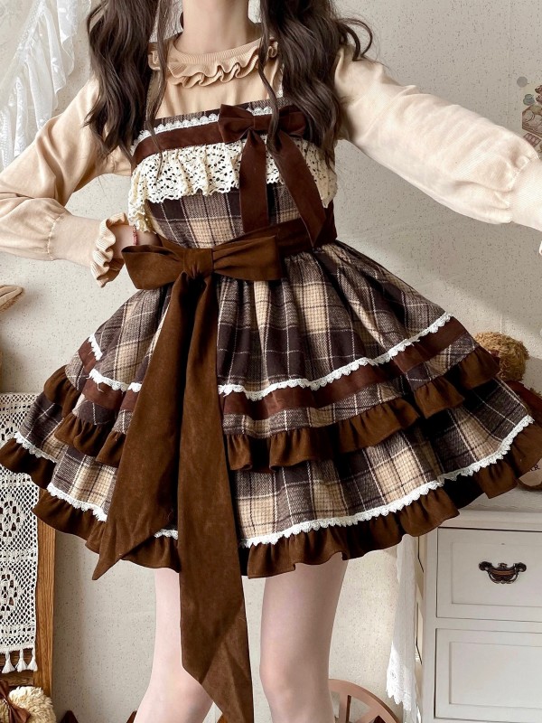 Cute Bow Lolita Dress JSK Plaid Suspender Skirt