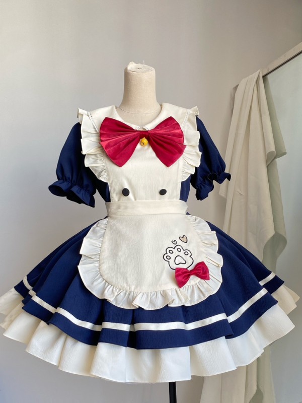 Navy Blue Sweet And Cute OP Short Maid Apron Lolita Dress