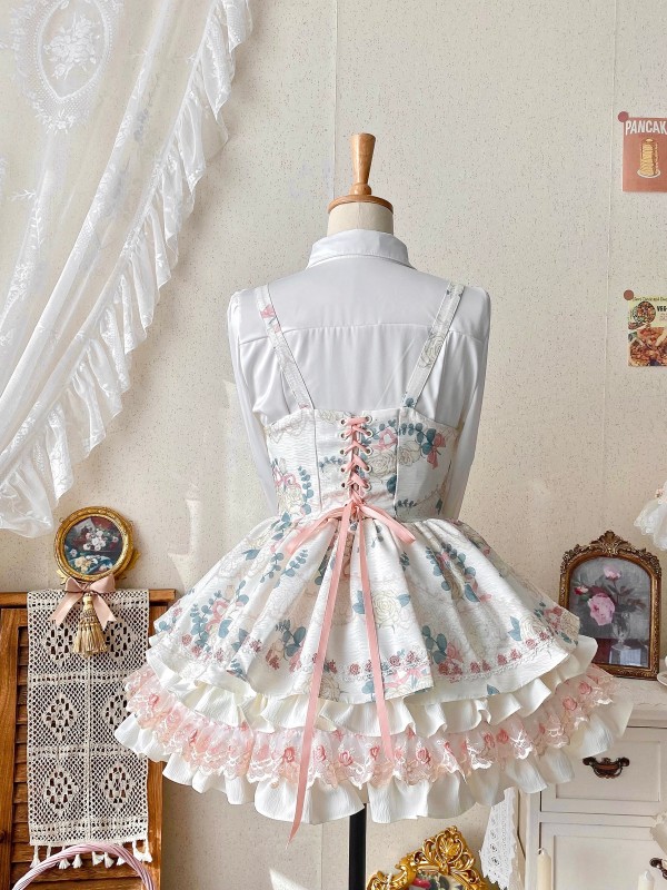 Printed Cake Skirt Lace Waist Tutu Skirt Lolita Suspender Skirt