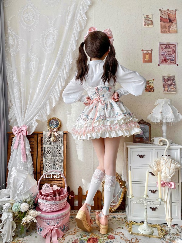 Printed Cake Skirt Lace Waist Tutu Skirt Lolita Suspender Skirt