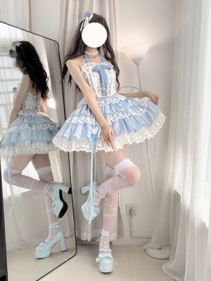 Blue Sweet Ballet Style Lolita Lace Bra Skirt Set