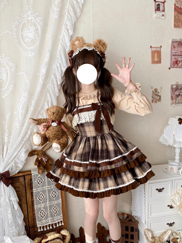 Cute Bow Lolita Dress JSK Plaid Suspender Skirt