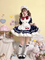 Navy Blue Sweet And Cute OP Short Maid Apron Lolita Dress