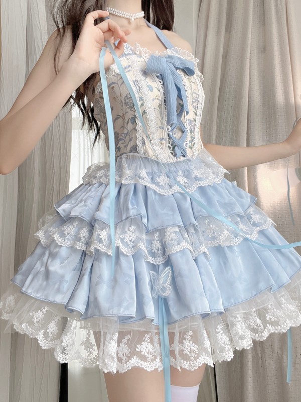 Blue Sweet Ballet Style Lolita Lace Bra Skirt Set