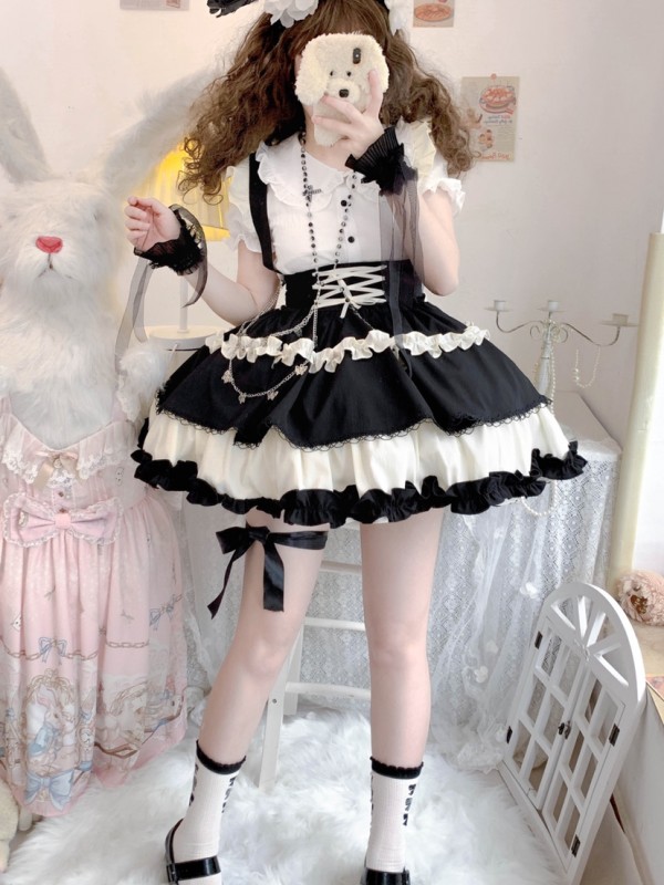 Sweet Contrast Color Lolita Suspender Skirt SK Skirt