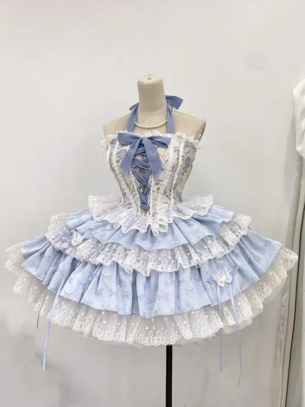 Blue Sweet Ballet Style Lolita Lace Bra Skirt Set