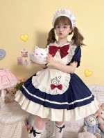 Navy Blue Sweet And Cute OP Short Maid Apron Lolita Dress