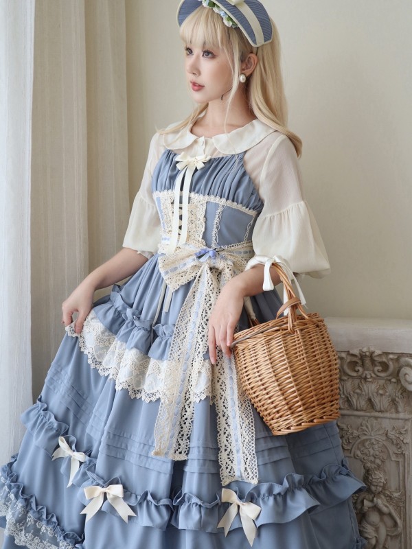 Blue Long Lolita Skirt Sweet And Elegant JSK Suspender Dress