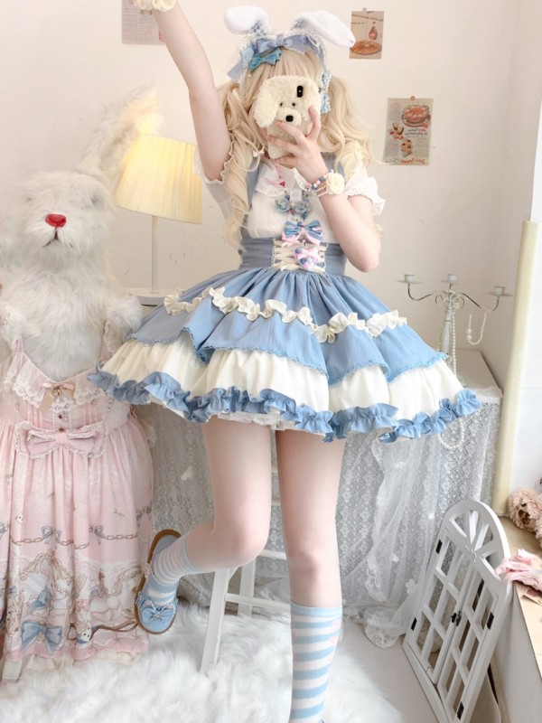 Sweet Contrast Color Lolita Suspender Skirt SK Skirt