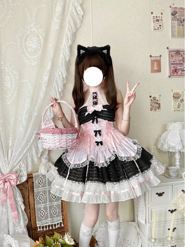 Black Sweet Short Lolita Princess Dress Halter Neck JSK Dress