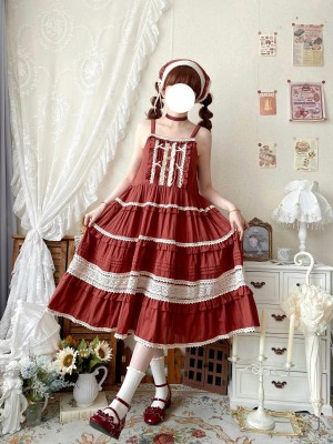 Red Sweet Pastoral Style Lolita Long Skirt JSK Loose Sack Skirt