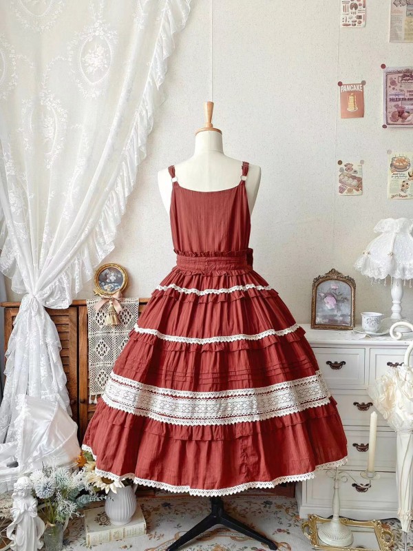 Red Sweet Pastoral Style Lolita Long Skirt JSK Loose Sack Skirt