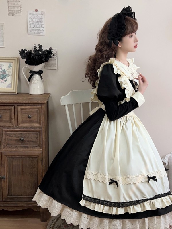 Black Retro Lolita Apron Maid Dress