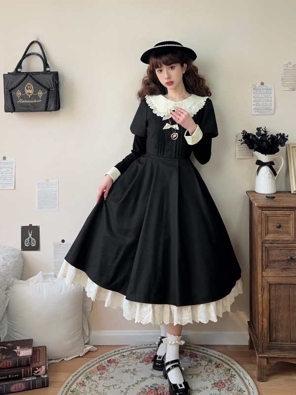 Black Retro Lolita Apron Maid Dress