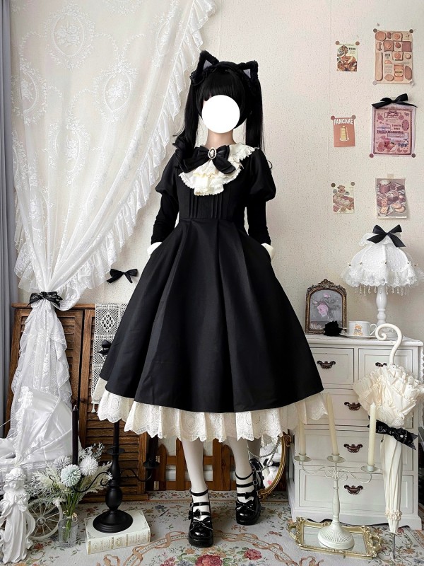 Black Retro Lolita Apron Maid Dress