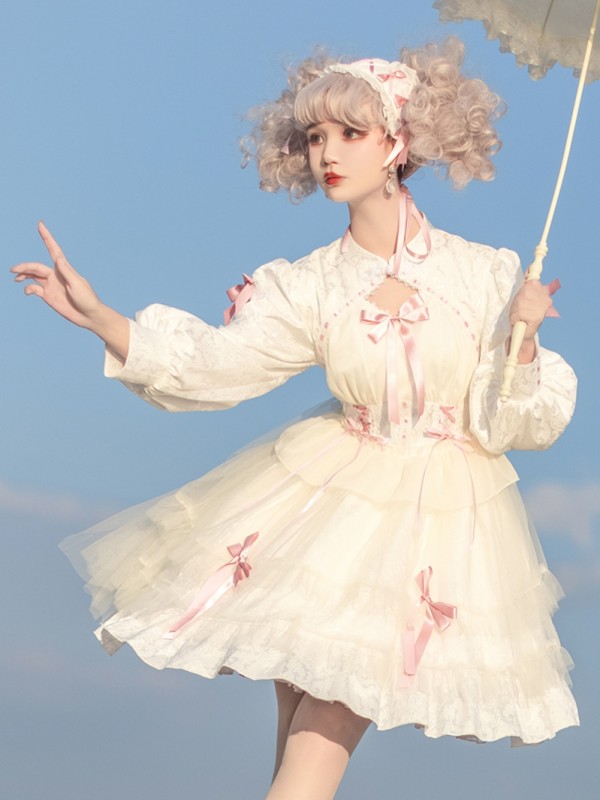 White Sweet Gothic Lolita OP Long-sleeved Dress Cake Skirt