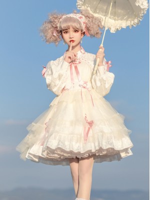 White Sweet Gothic Lolita OP Long-sleeved Dress Cake Skirt