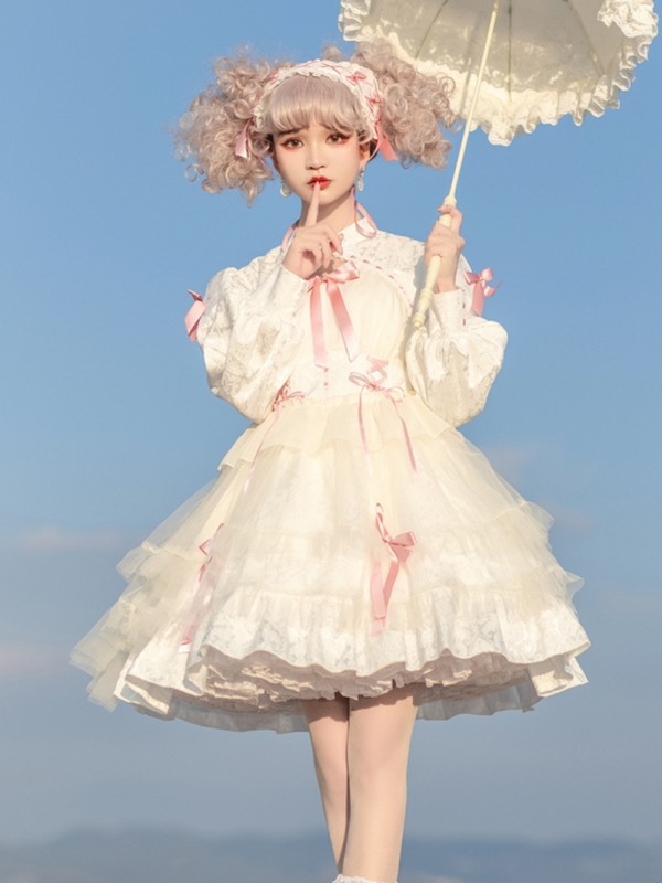 White Sweet Gothic Lolita OP Long-sleeved Dress Cake Skirt