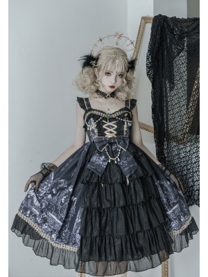 Black Retro Print Gothic Lolita JSK Suspender Dress