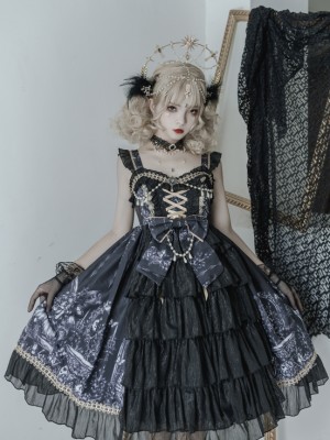 Black Retro Print Gothic Lolita JSK Suspender Dress