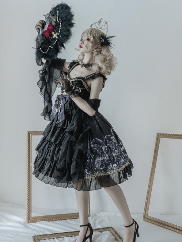 Black Retro Print Gothic Lolita JSK Suspender Dress