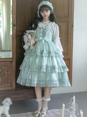 Green Sweet Lolita Skirt JSK Elegant Puffy Skirt Apricot Lolita Suspender Dress