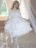 White Sweet Lolita Skirt JSK Elegant Puffy Skirt Apricot Lolita Suspender Dress